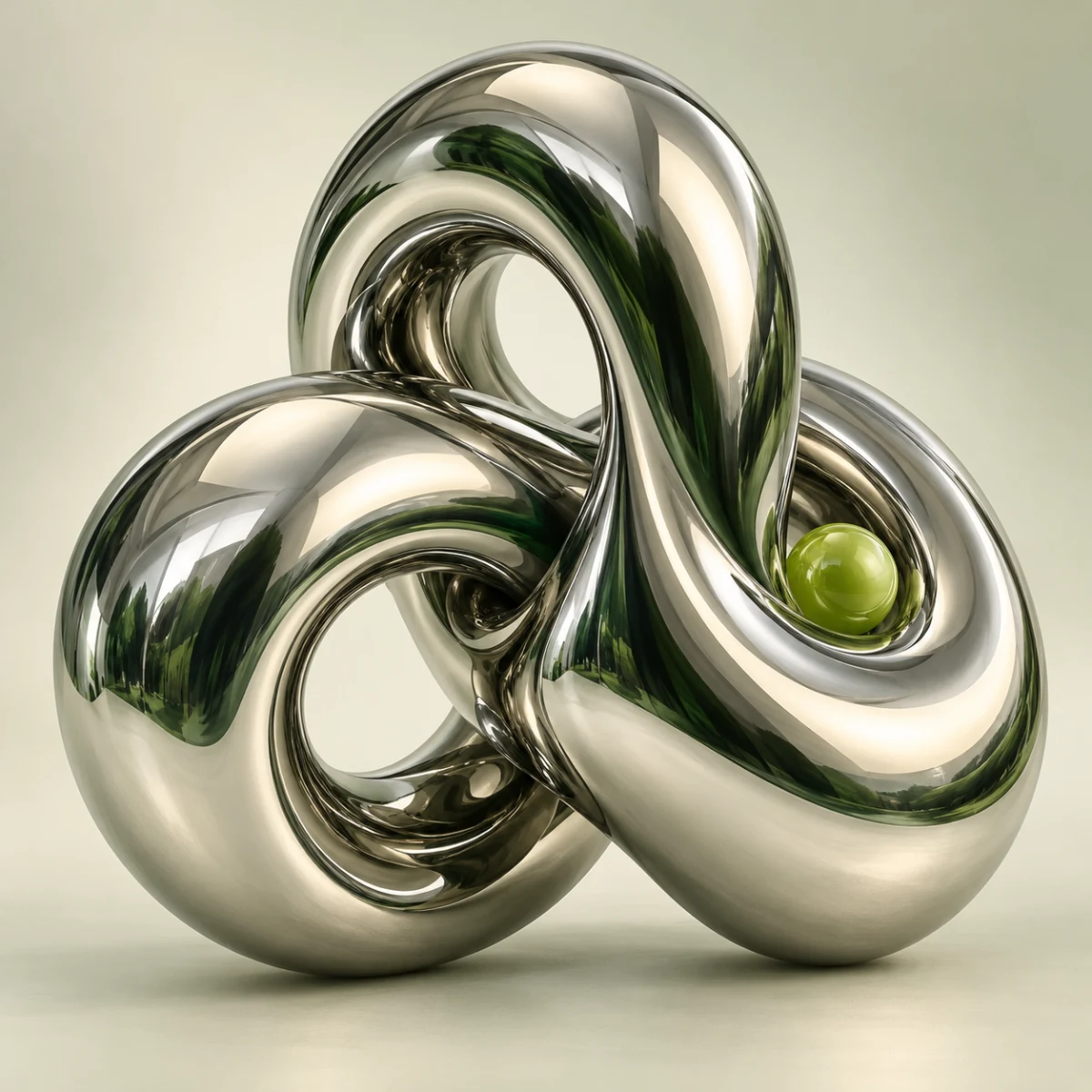 An original sculptural chrome knot with a lime sphere, reflecting a balance of creativity and precision